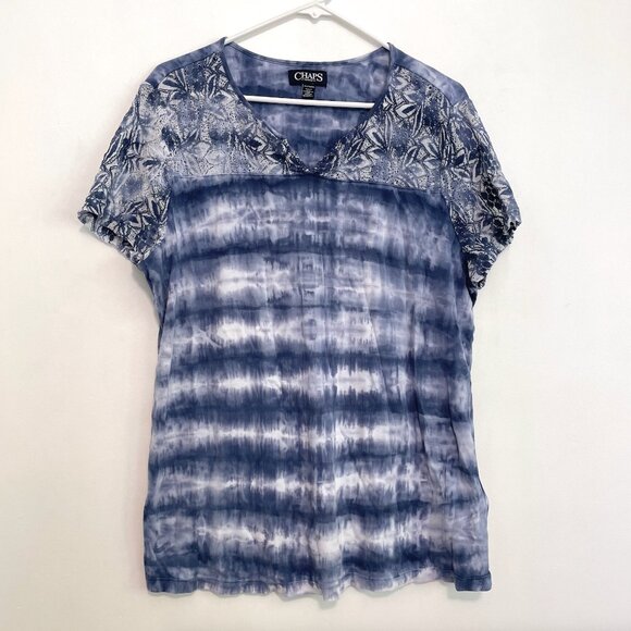 CHAPS Plus Size Blue White Tie Dye Lace Trim Boho Short Sleeve 100% Cotton Top - Picture 1 of 11